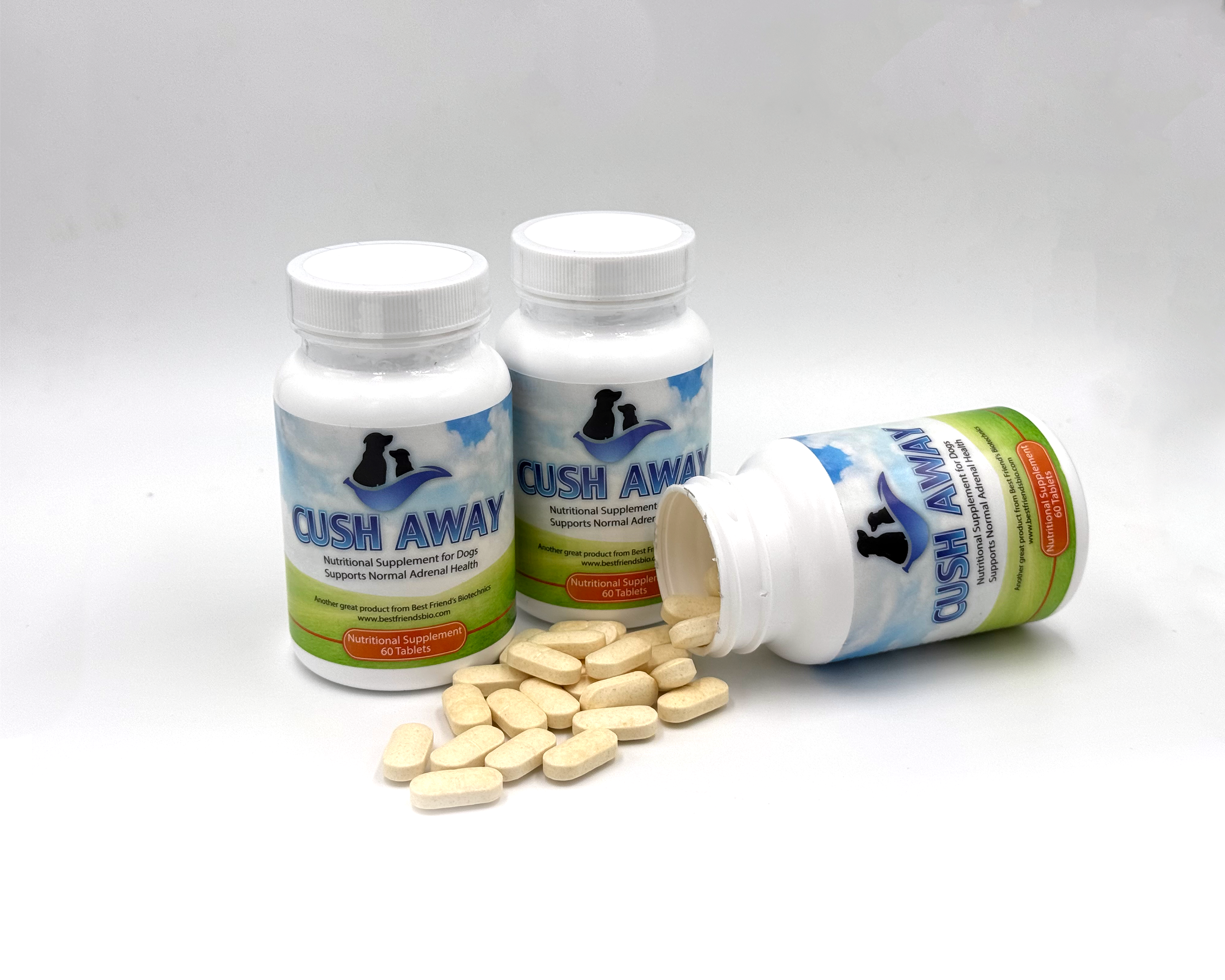 Bottles of CushAway supplements with scattered tablets