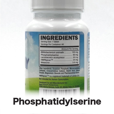 Close-up of a Cushaway bottle label, a Cushing's disease all-natural nutritional supplement. Ingredients include Bifidobacterium animalis, Phosphatidylserine, and Melatonin.
